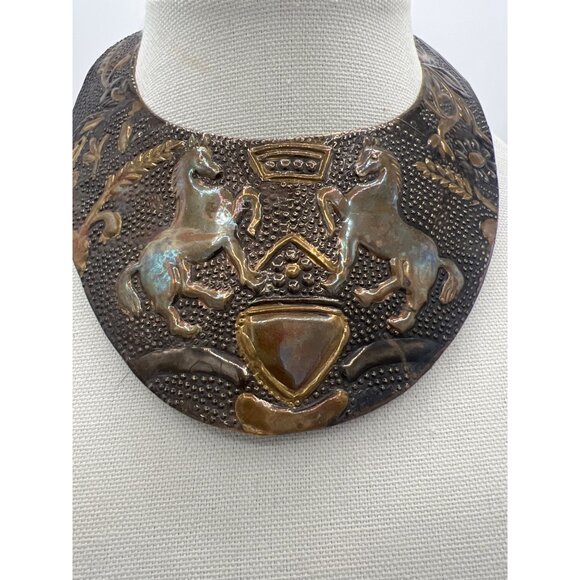 Vintage Brass Heraldic Gorget Necklace Repoussé Horses & Shield Torque Collar - Picture 10 of 14